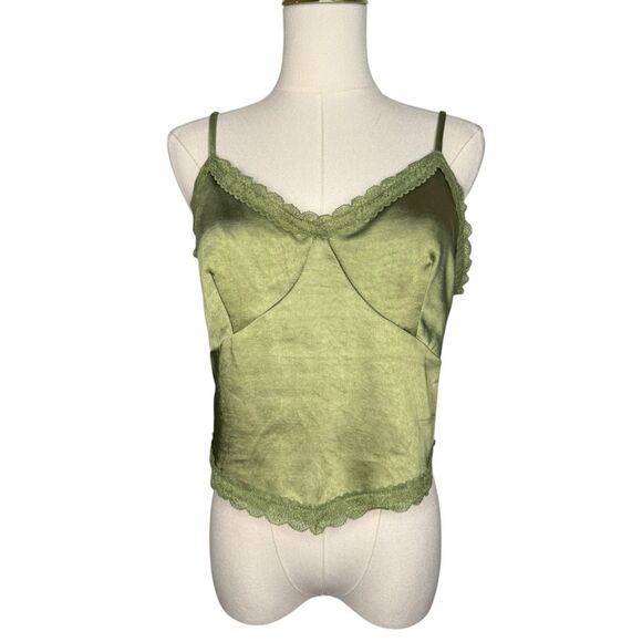 Willow & Root Women’s Medium Tank Top Green Satin Ruched Lace V-Neck - Picture 2 of 8